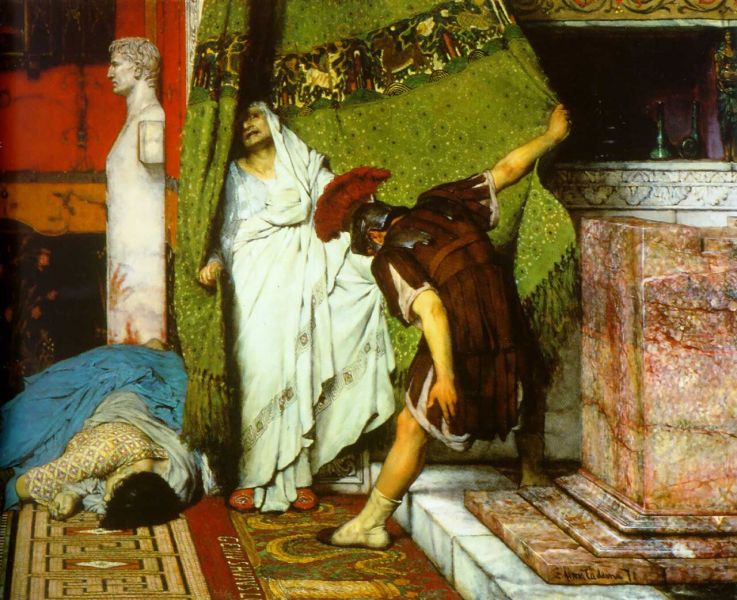 Claudius primește omagiul ca nou împărat după uciderea predecesorului său. Detaliu din pictura „Un împărat roman” 41 d.Hr. de Lawrence Alma-Tadema (cca. 1871 .) - foto preluat de pe en.wikipedia.org