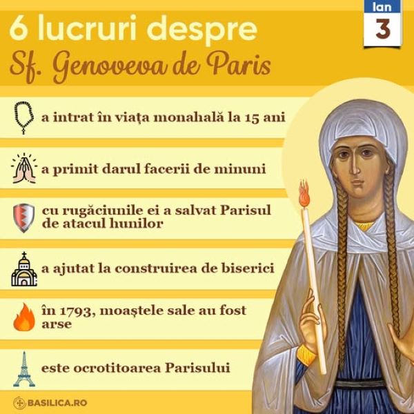 Sfânta Cuvioasă Genoveva, ocrotitoarea Parisului (Secolul al V-lea) - foto preluat de pe www.facebook.com/basilica.ro
