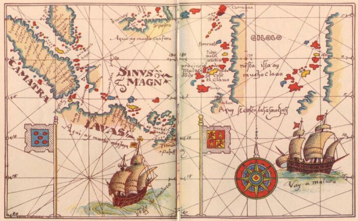 Detaliu al ediției din 1529 a lui Diogo Ribeiro a Padrón Real , ilustrând afirmația spaniolă conform căreia Insulele Mirodeniilor se încadrau în sfera lor de influență, folosită ca justificare pentru implicarea spaniolă în Sultanatul Tidore în 1521 - foto preluat de pe en.wikipedia.org