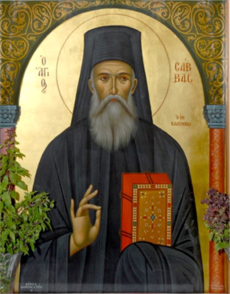 Sfântul Cuvios Sava cel Nou din Kalymnos (1862 - 1948) Icoana sfântului la intrarea în biserica sa din Kalimnos - foto preluat de pe ro.orthodoxwiki.org
