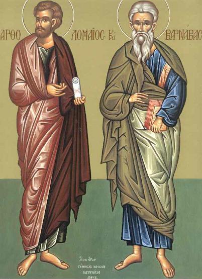 Sfinții Apostoli Vartolomeu și Varnava, Icoană sec. XX, Sfântul Munte Athos (Grecia) - Colecția Sinaxar la Sfinții zilei (icoanele litografiate se găsesc la Catedrala Mitropolitană din Iași) - foto preluat de pe doxologia.ro