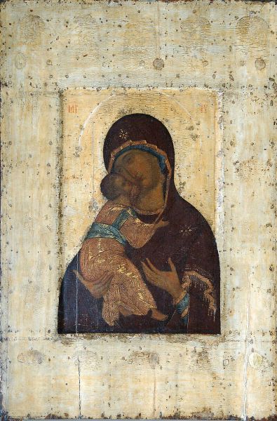 Maica Domnului din Vladimir (ca. 1405 - zugrăvită de Andrei Rubliov după modelul celebrei icoane a Maicii Domnului din Vladimir) - foto preluat de pe en.wikipedia.org