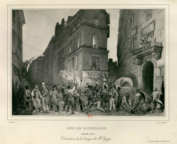 27 iulie 1830: parizieni revoltaţi, capturând arme din depozitul Le Page din str. Richelieu - litografie din 1831 - foto preluat de pe ro.wikipedia.org