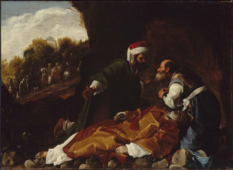 Sfântul Ștefan jelit de Sfinții Gamaliel și Nicodim, pictură realizată de un ucenic al lui Carlo Saraceni, c. 1615, Muzeul de Arte Plastice din Boston - foto preluat de pe ro.wikipedia.org