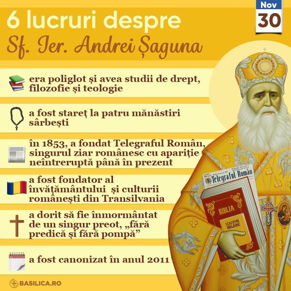 Sf. Andrei Șaguna a trecut la Domnul în 28 iunie 1873, dar este sărbătorit o dată cu Sf. Ap. Andrei, cel întâi chemat, în 30 noiembrie - foto preluat de pe www.facebook.com/basilica.ro