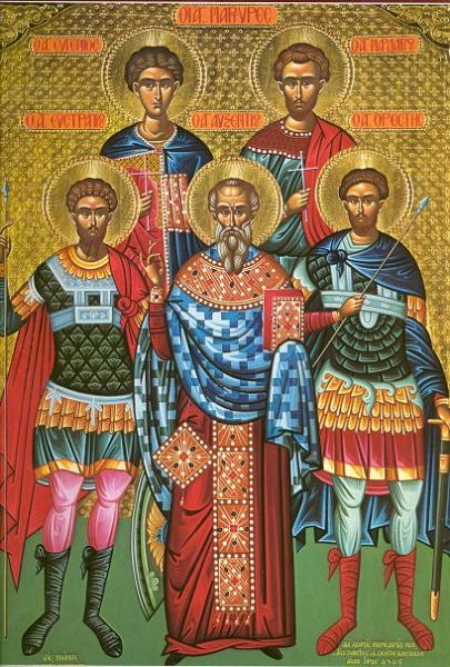 Sfinții Mari Mucenici Eustratie, Auxentie, Evghenie, Mardarie și Orest Icoană sec. XX, Grecia - Colecția Sinaxar la Sfinții zilei (icoanele litografiate se găsesc la Catedrala Mitropolitană din Iași) - foto preluat de pe doxologia.ro