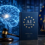 Regulamentul privind inteligența artificială – carte cu sigla UE, ciocan de judecată și rețea neuronală digitală