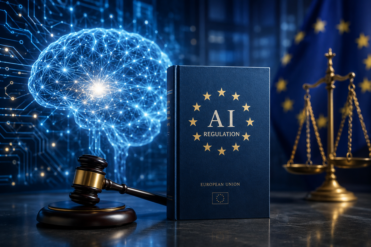 Regulamentul privind inteligența artificială – carte cu sigla UE, ciocan de judecată și rețea neuronală digitală